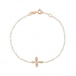 GIGI CLOZEAU Bracelet Croix vintage Or rose Perles de résine blanches Diamants blancs B3CV002R0117DI