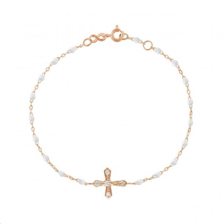 GIGI CLOZEAU Bracelet Croix vintage Or rose Perles de résine blanches Diamants blancs B3CV002R0117DI